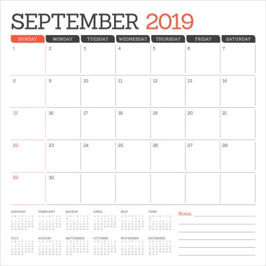 Eylül 2019 Resepsiyon takvim vektör çizim, basit ve temiz tasarım.