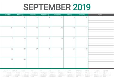 Eylül 2019 Resepsiyon takvim vektör çizim, basit ve temiz tasarım.