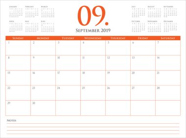 Eylül 2019 Resepsiyon takvim vektör çizim, basit ve temiz tasarım.