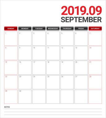 Eylül 2019 Resepsiyon takvim vektör çizim, basit ve temiz tasarım.