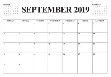 Eylül 2019 Resepsiyon takvim vektör çizim, basit ve temiz tasarım.
