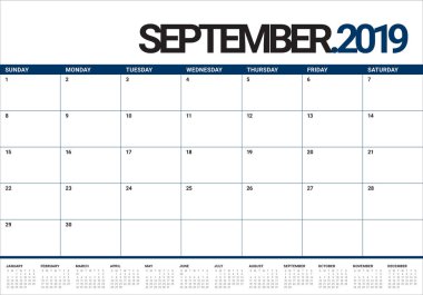 Eylül 2019 Resepsiyon takvim vektör çizim, basit ve temiz tasarım.