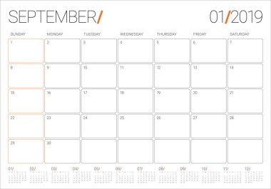 Eylül 2019 Resepsiyon takvim vektör çizim, basit ve temiz tasarım.
