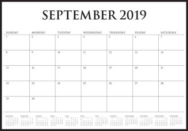 Eylül 2019 Resepsiyon takvim vektör çizim, basit ve temiz tasarım.
