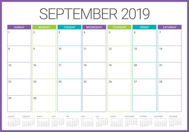 Eylül 2019 Resepsiyon takvim vektör çizim, basit ve temiz tasarım.