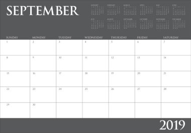Eylül 2019 Resepsiyon takvim vektör çizim, basit ve temiz tasarım.