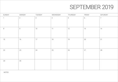 Eylül 2019 Resepsiyon takvim vektör çizim, basit ve temiz tasarım.