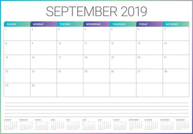 Eylül 2019 Resepsiyon takvim vektör çizim, basit ve temiz tasarım.