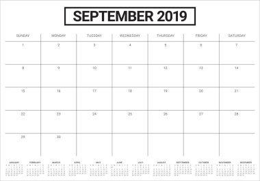 Eylül 2019 Resepsiyon takvim vektör çizim, basit ve temiz tasarım.