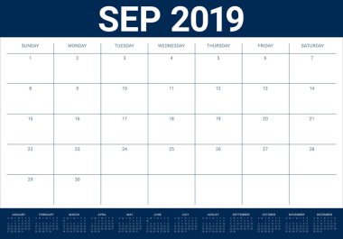 Eylül 2019 Resepsiyon takvim vektör çizim, basit ve temiz tasarım.
