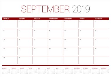 Eylül 2019 Resepsiyon takvim vektör çizim, basit ve temiz tasarım.