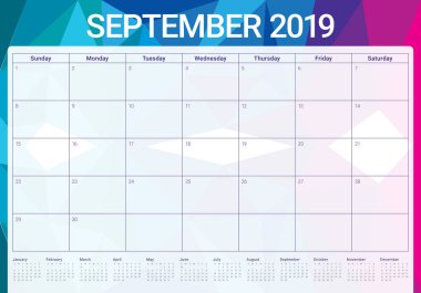 Eylül 2019 Resepsiyon takvim vektör çizim, basit ve temiz tasarım.