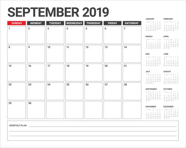 Szeptember 2019 Asztali Naptár Vektoros Illusztráció Egyszerű Tiszta Design — Stock Vector