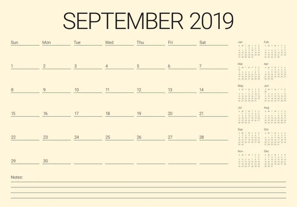 Ilustracja Wektorowa Września 2019 Biurko Kalendarza Prosty Czysty Design — Wektor stockowy