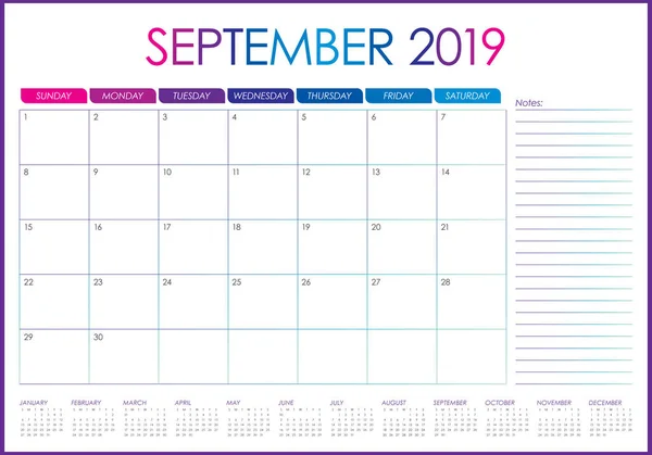 September 2019 Desk Calendar Vector Illustration Simple Clean Design — Stock Vector