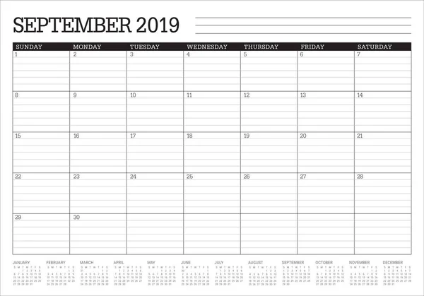 Сентябрь 2019 Настольный Календарь Векторная Иллюстрация Простой Чистый Дизайн — стоковый вектор