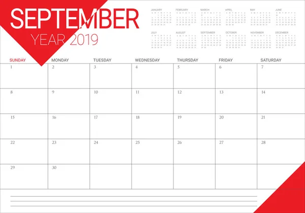 September 2019 Desk Calendar Vector Illustration Simple Clean Design — Stock Vector