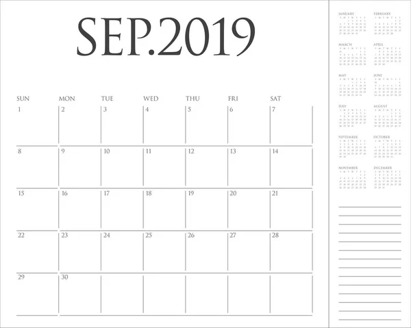 Settembre 2019 Scrivania Calendario Vettoriale Illustrazione Design Semplice Pulito — Vettoriale Stock