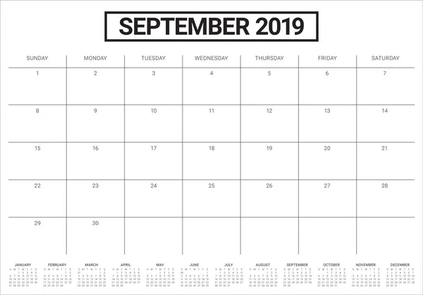 Settembre 2019 Scrivania Calendario Vettoriale Illustrazione Design Semplice Pulito — Vettoriale Stock