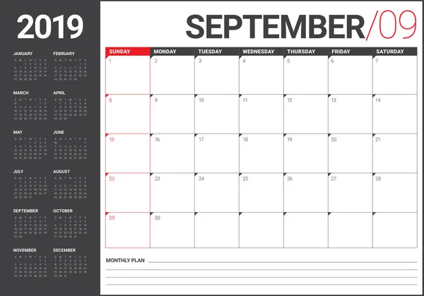 Septembre 2019 Illustration Vectorielle Calendrier Bureau Design Simple Propre — Image vectorielle