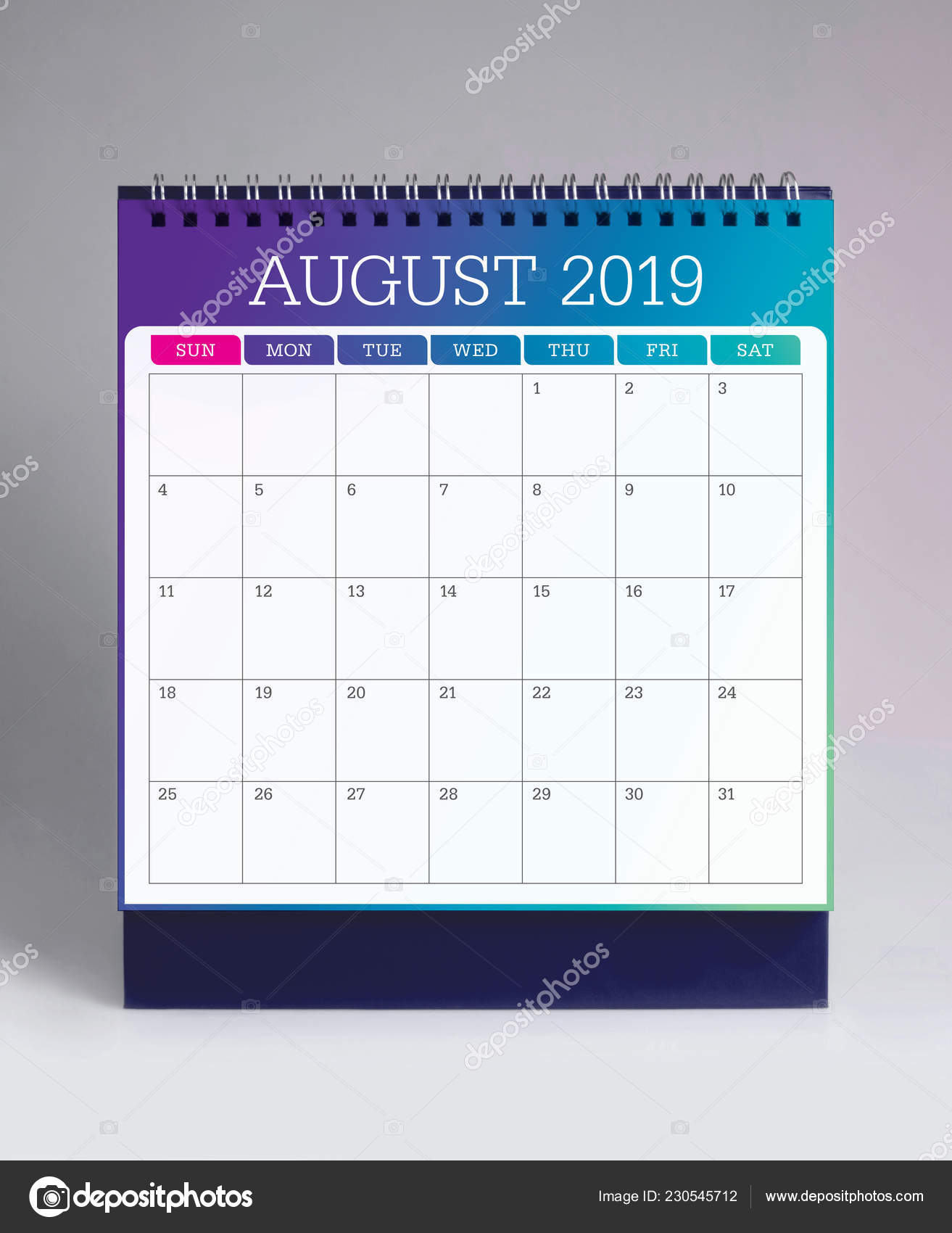Calendario Tavolo Semplice Agosto 2019 Foto Stock