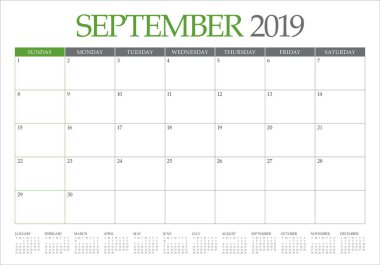 Eylül 2019 Resepsiyon takvim vektör çizim, basit ve temiz tasarım.