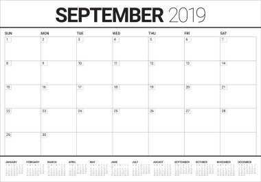 Eylül 2019 Resepsiyon takvim vektör çizim, basit ve temiz tasarım.