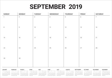 Eylül 2019 Resepsiyon takvim vektör çizim, basit ve temiz tasarım.