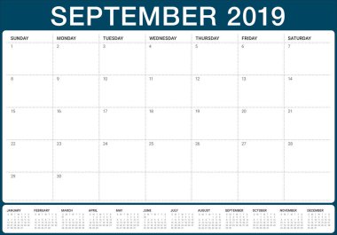 Eylül 2019 Resepsiyon takvim vektör çizim, basit ve temiz tasarım.