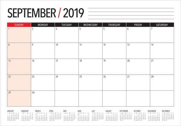 Сентябрь 2019 Настольный Календарь Векторная Иллюстрация Простой Чистый Дизайн — стоковый вектор