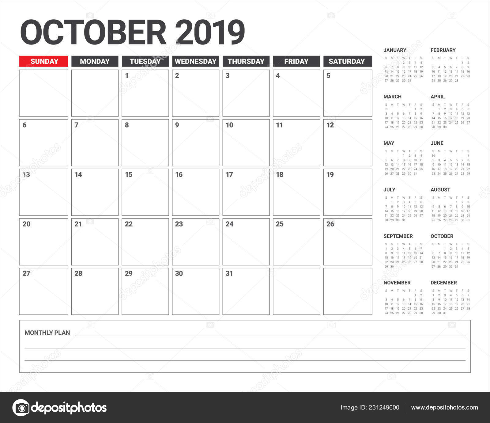 october 2019 monthly calendar vector illustration simple clean month of october 2019 calendar