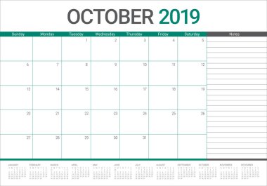 Ekim 2019 aylık takvim vektör çizim, basit ve temiz tasarım. 