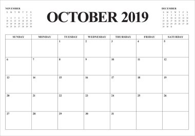 Ekim 2019 aylık takvim vektör çizim, basit ve temiz tasarım. 
