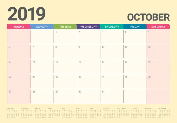 Oktober 2019 Monatliche Kalendervektorabbildung Einfaches Und Sauberes Design — Stockvektor