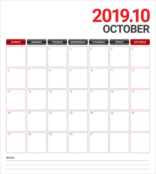 Outubro 2019 Calendário Mensal Ilustração Vetorial Design Simples Limpo —  Vetores de Stock