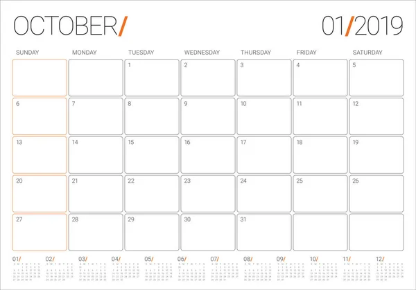 Calendrier Mensuel Octobre 2019 Illustration Vectorielle Design Simple Épuré — Image vectorielle