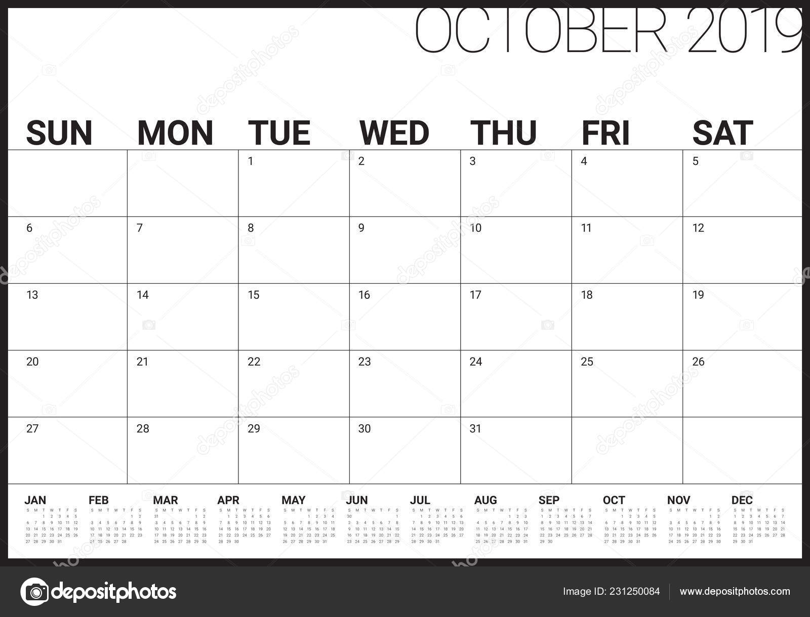 2019年 月毎月カレンダーのベクトル イラスト シンプルでクリーンな