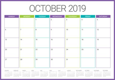 Ekim 2019 aylık takvim vektör çizim, basit ve temiz tasarım. 