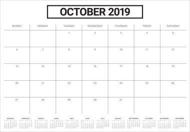 Ekim 2019 aylık takvim vektör çizim, basit ve temiz tasarım. 