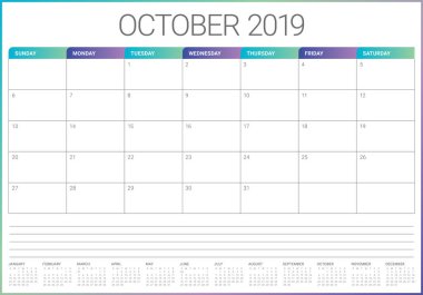Ekim 2019 aylık takvim vektör çizim, basit ve temiz tasarım. 