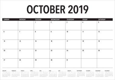 Ekim 2019 aylık takvim vektör çizim, basit ve temiz tasarım. 