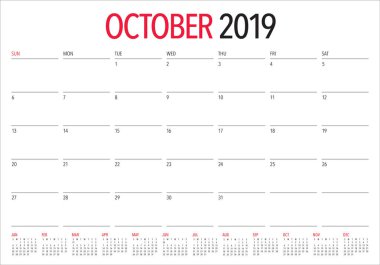 Ekim 2019 aylık takvim vektör çizim, basit ve temiz tasarım. 