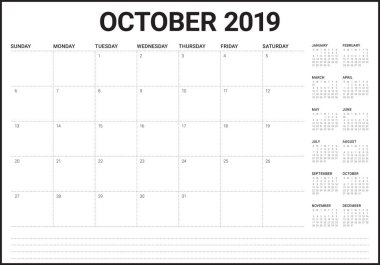 Ekim 2019 aylık takvim vektör çizim, basit ve temiz tasarım. 