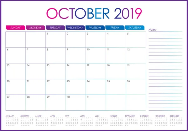 Octubre 2019 Calendario Mensual Vector Ilustración Diseño Simple Limpio — Vector de stock