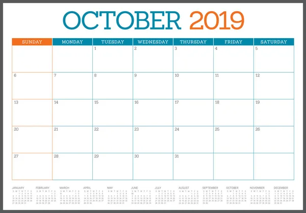 Calendrier Mensuel Octobre 2019 Illustration Vectorielle Design Simple Épuré — Image vectorielle