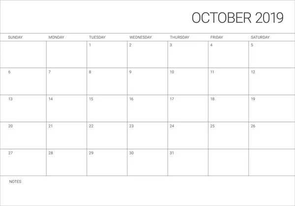 Octubre 2019 Calendario Mensual Vector Ilustración Diseño Simple Limpio — Vector de stock