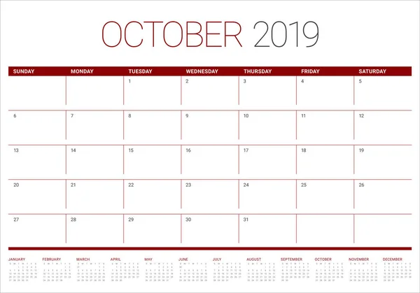 Octubre 2019 Calendario Mensual Vector Ilustración Diseño Simple Limpio — Vector de stock