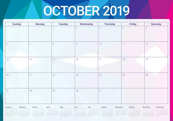 Octubre 2019 Calendario Mensual Vector Ilustración Diseño Simple Limpio — Vector de stock