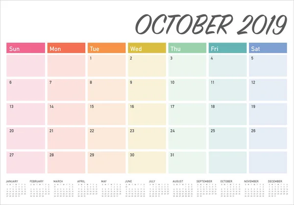 Октябрь 2019 Месячная Иллюстрация Вектора Календаря Простой Чистый Дизайн — стоковый вектор