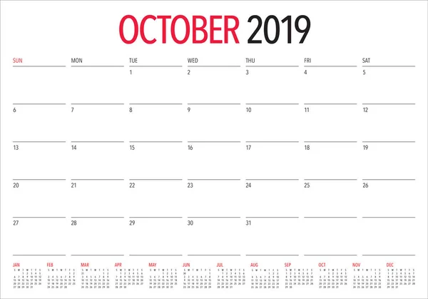 Oktober 2019 Monatliche Kalendervektorabbildung Einfaches Und Sauberes Design — Stockvektor